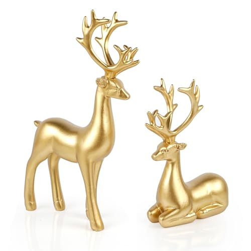 Estatuas de renos de resina dorados, 2 piezas miniatura 1