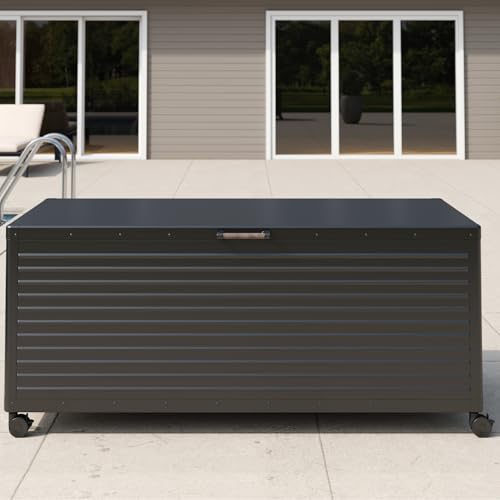 Image of MIRADOR 281 Gallon Outdoor Storage Box with Wheels & Soft-Close Lid, Waterproof Metal Deck Box for Patio Cushions, Garden Tools & Pool Accessories, Charcoal