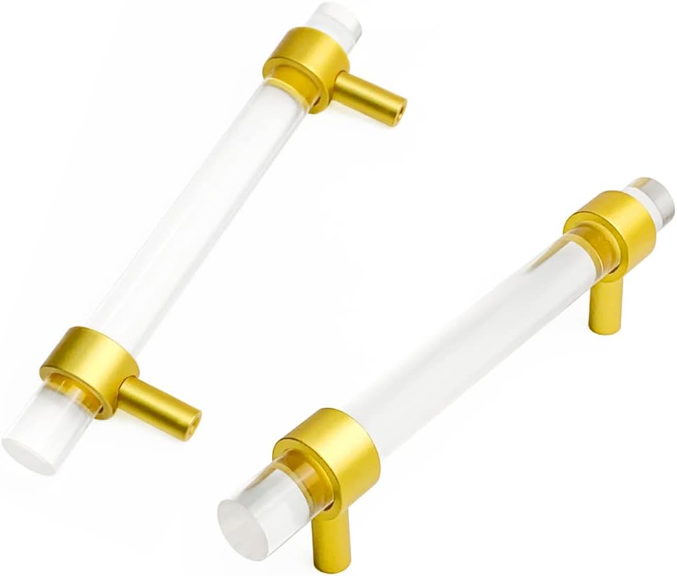 Hiili & Kaala Kitchen Cabinet Handles 6 Pack Gold Drawer Pulls 3" Hole Centers Crystal Acrylic Hardware for Cabinets Dresser Cupboard Wardrobe