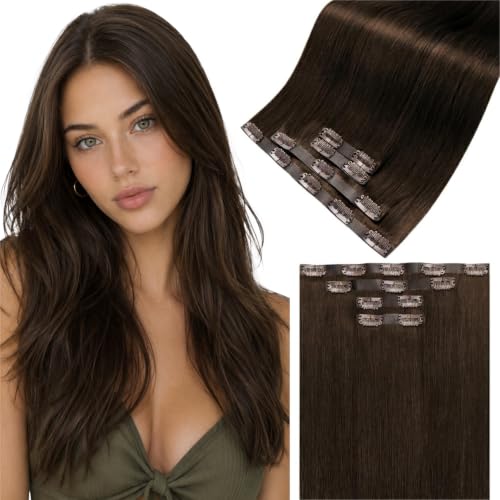 Image of LaaVoo Seamless Clip in Hair Extensions Human Hair Brown Seamless Hair Extensions Clip in Brown Invisible Clip ins Hair Extension Straight 14 Inch 4pcs 70g