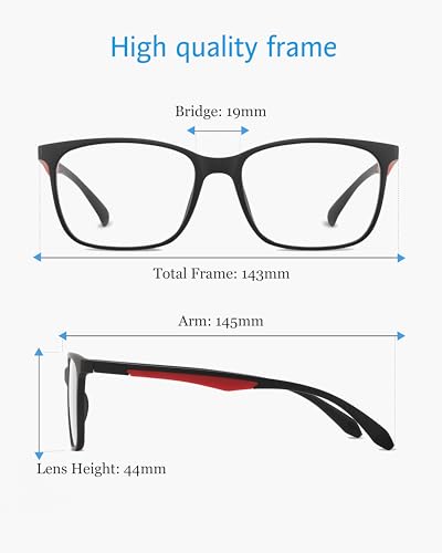 Image of ANRRI Blue Light Blocking Glasses, Anti Eyestrain Lens Lightweight Frame Eyeglasses, Black Fream Red Temple, Men /Women