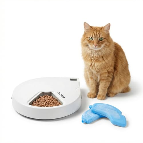 Cat Mate C500 Automatic 5 Bowl Digital Timer-Controlled Pet Feeder - for Cats and Small Dogs, Wet or Dry Food, Includes Twin Ice Packs, 5 Meals Up to 0.73 lb Each, White