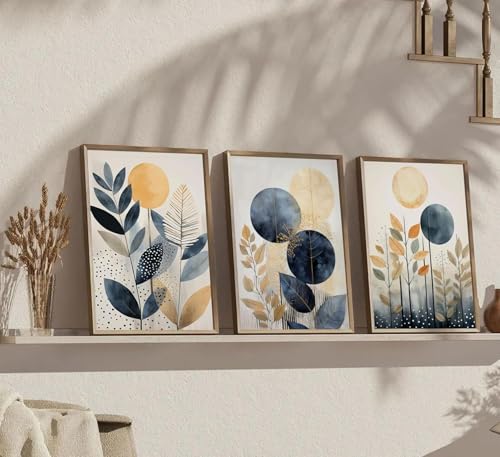 Affiche d'arbre géométrique beige et bleu TONGYINLI, lot de 3 toiles de salon 70x100 cm sans cadre - 3