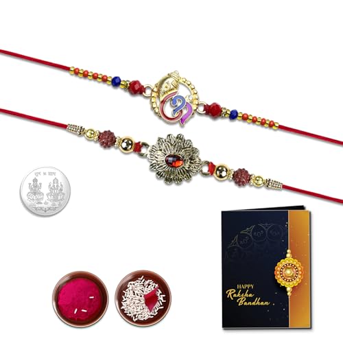 Image of Oblivion Ganesha and Floral Bloom Rakhi Set of 2 for Brother with Silver Colour Pooja Coin, Tilak Set and Greeting Card for Raksha Bandhan Celebration