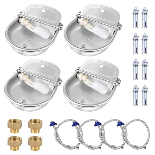 4PCS Automatic Animal Drinking Water Bowl Stainless Steel Waterer Feeder Farm Dog Dispenser Kit Self Filling for Livestock Horse Goat Water Trough with Float Valve Drain Hole Hose Adapter Bolts