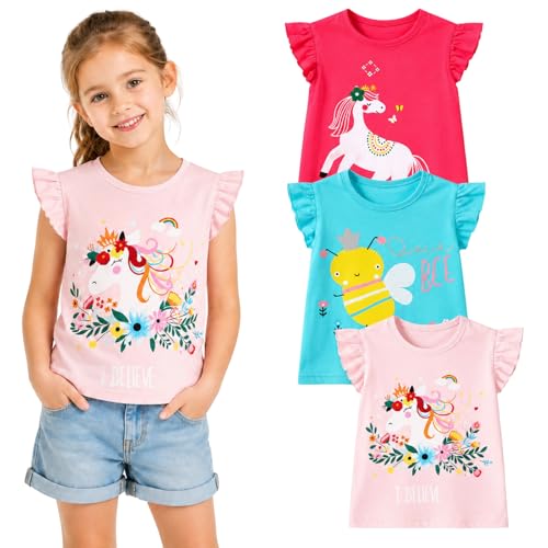 Image of Girls Graphic T Shirts 3 Pack 100% Cotton Short Sleeve Tees for Toddler Little Big Girls Cute Printed Casual Summer Tops