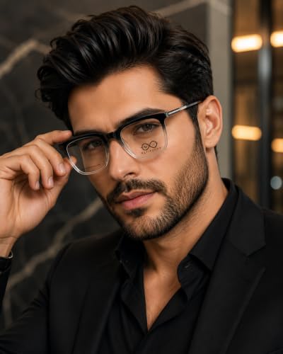 Image of Soft Square Optical Eyeglass Frame for Men & Women, Front with Metal Temples, Clear Demo Lenses, Lightweight Mixed Material Frame, Ribbed Temple Design for Prescription Lens Replacement