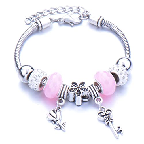 Yean Bracelet à breloques en cristal rose brillant avec strass et perles - Accessoire de main pour sœurs et filles