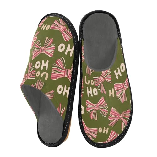Slippers for Women Pink and Green Stripes Bow Pattern Soft Winter Warm Shoes Indoor Outdoor Non-Slip House Travel Slippers
