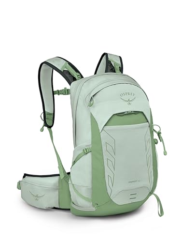 Osprey Tempest 22 women's hiking backpack in jasper red colorway photographed against a clean white studio background — the women-specific BioStretch harness with shorter torso length and S-curve shoulder strap geometry that contours away from the chest visible at the top, the AirScape ridge-foam back panel showing the airflow channels, the dual side mesh water bottle pockets, the women-specific hip belt with anatomical contours, and the Stow-on-the-Go trekking pole attachment loop on the front panel