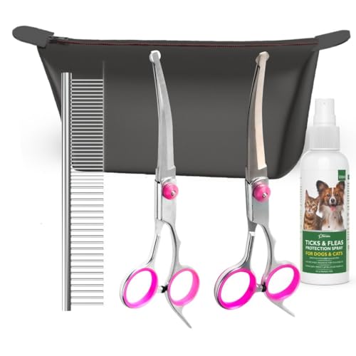 Image of V6 Dog Grooming Shears Kit | 5 Piece Stainless Steel Pet Grooming Set | Thinning Tooth Shear Straight Fish Mouth Scissor | 2 in 1 Steel Comb | Anti Tick Flea Spray 100 ml | Zip Carry Bag