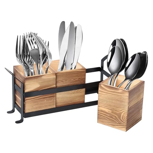 Silverware Caddy, Wood Utensil Holder Counter Silverware Organizer Detachable Cutlery Holder with Drain Holes Flatware Organizers Rustic Kitchen Utensil Organizers Spoon Holder for Forks and Knives
