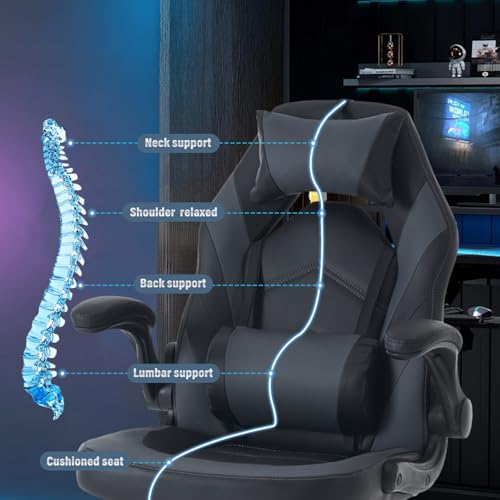 Image of Sweetcrispy Ergonomic Gaming Desk Chair - Computer Video with Comfy Lumbar Support and headrest, PU Leather with Flip-up Arms, Adjustable Height and Swivel Wheels, Home and Office, Grey