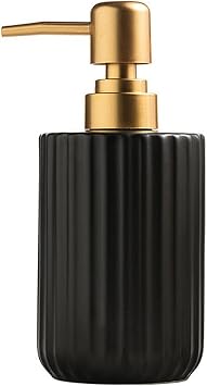 Chic Soap Dispenser, Vertical Stripe Design with Gold PumpBlack | Cylinder-Shaped Ceramic Lotion Dispenser
