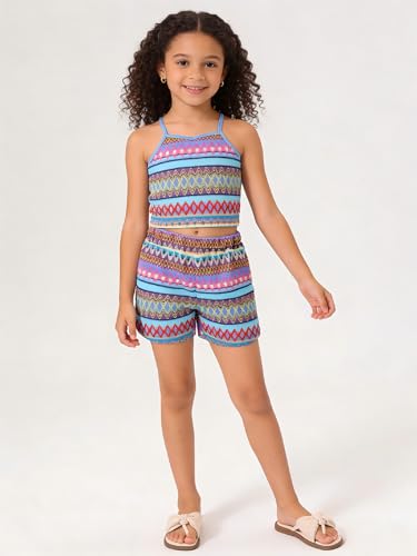 Image of Kids Toddler Girls Summer Clothes Button Design Striped Tank Top + Floral-Print Elastic Shorts 2 Piece Outfits
