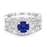 Halo Art Deco Three Piece Wedding Engagement Bridal Set Ring Band Solid Simulated Blue Sapphire 925 Sterling Silver, Size-7