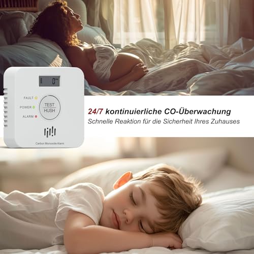 Kohlenmonoxid Melder, 10-Jahres-Batterie CO melder mit LCD-Display und Silent-Test-Taste, EN50291 konform, Kohlenmonoxid-Warner (TCS0202A)