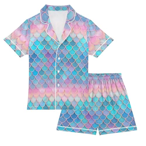 ALAZA Mermaid Fish Scales Lovely Satin Pajamas Set Short Sleeve Button Down Sleepwear Summer Pjs 2 Piece