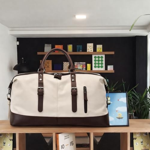 Image of CAVALO - Be Unique Vintage Canvas Travel Duffel Bag for Men & Women, 40L Large Capacity Weekender Bag with Detachable Shoulder Strap, Leather Handles, for Travel, Gym & Business Trips (White)