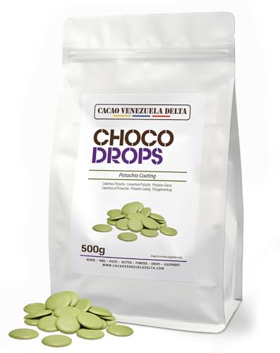 Cacao V Delta Cobertura Sucedanea profesional de Chocolate Verde Sabor Pistacho 500g para Repostería – Callets Sucedáneos Fácil de Fundir para Tartas, Cake Pops, NO Necesita Templado/Temperado