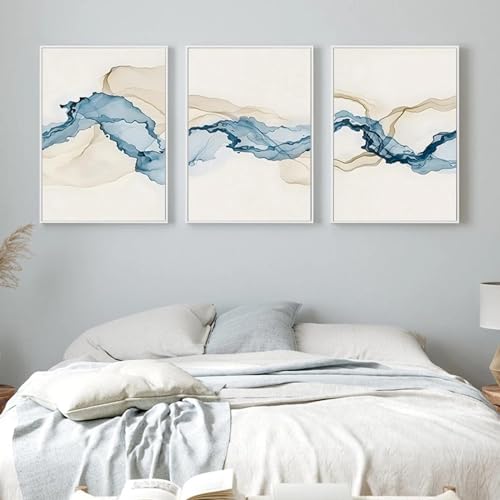 Peinture sur toile abstraite beige bleu triptyque haut de gamme art mural salon et bureau