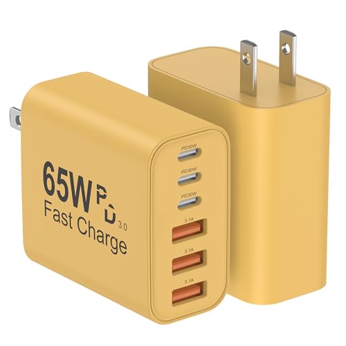 Image of USB C Charger Block, 2-Pack 65W 6-Port USB C Wall Charger iPhone Charger Fast Charging PD Power Adapter+QC Wall Plug Multiport Type C Brick Chargers for iPhone 17 16 15 14 13 12 11 Pro Max XS,Yellow