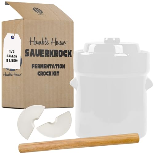 Humble House SAUERKROCK Fermentation Crock 2 Liter / 0.5 Gallon Ceramic Jar in Natural White for Fermenting Pickling Kimchi, Sauerkraut, Pickles, Vegetables, Kombucha-Glazed Weights, Lid, Pounder