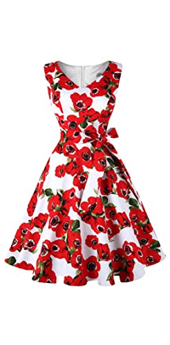 Dressever Women's 50s 60s Vintage Sleeveless Cocktail Party Dress with Pockets Red Flower 2X