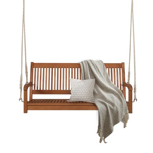 KOMFOTTEU Banc suspendu en bois d'eucalyptus - Banc à bascule 2 places - Balançoire suspendue avec accoudoirs - Jusqu'à 360 kg - Balançoire suspendue pour balcon, jardin, terrasse, naturel - 126 x 62