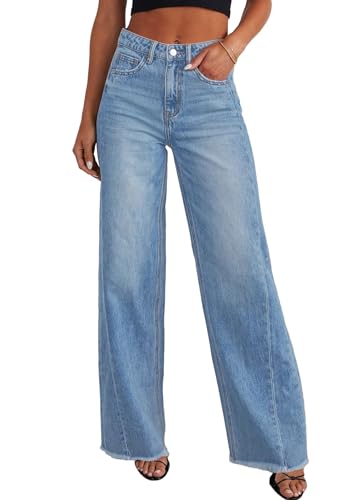 PRETTYGARDEN Wide Leg Jeans for Women Trendy High Waisted Stretchy Baggy Raw Hem Denim Palazzo Pants 2026 Spring Fall Clothes (Light Blue,4)