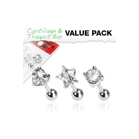 Body Accentz® 3 Pcs Value Pack of Assorted 316L Surgical Steel Tragus/Cartilage Barbell with Clear Multi Paved Top 16g 1/4" Heart Star Solitaire Cover
