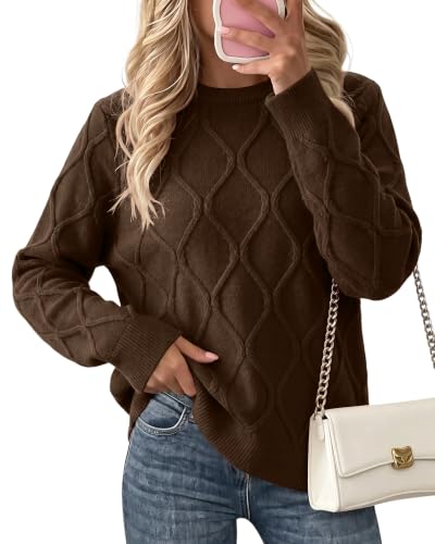 QILORA Womens Cable Knit Sweater Fall Long Sleeve Pullover Brown