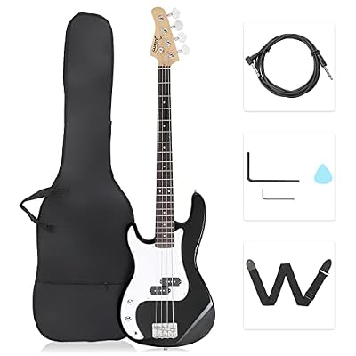 GLARRY Left Hand 4 String Electric Bass Guitar for Beginner Full Size Kit with Cable, Strap, Bag and Accessories (Black)