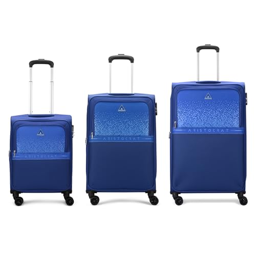 Aristocrat Drift Set of 3 Soft Case (S+M+L) Trolley Bags, Blue | 8-Wheels, Spacious, Zipper Expander, Front Pocket, Polyester Case, Combination Lock, 
