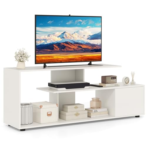 COSTWAY TV Stand for TVs up to 55 Inches, 3-Tier TV Cabinet Media Entertainment Center with Storage Shelves & Cabinet, 152cm Wooden TV Unit Console Table for Living Room Bedroom (White)