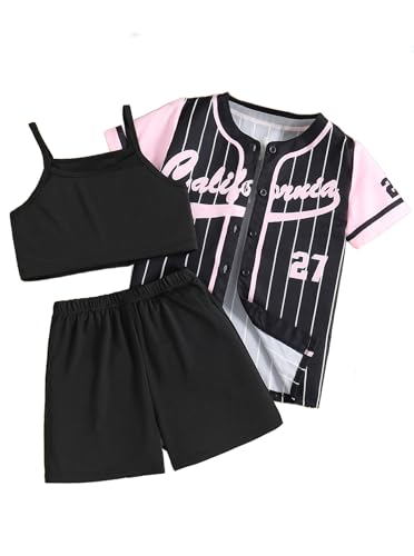 Image of Hilinker Girls Graphic 3 Piece Outfits Short Sleeve Striped Cardigan and Crop Cami with Shorts Set