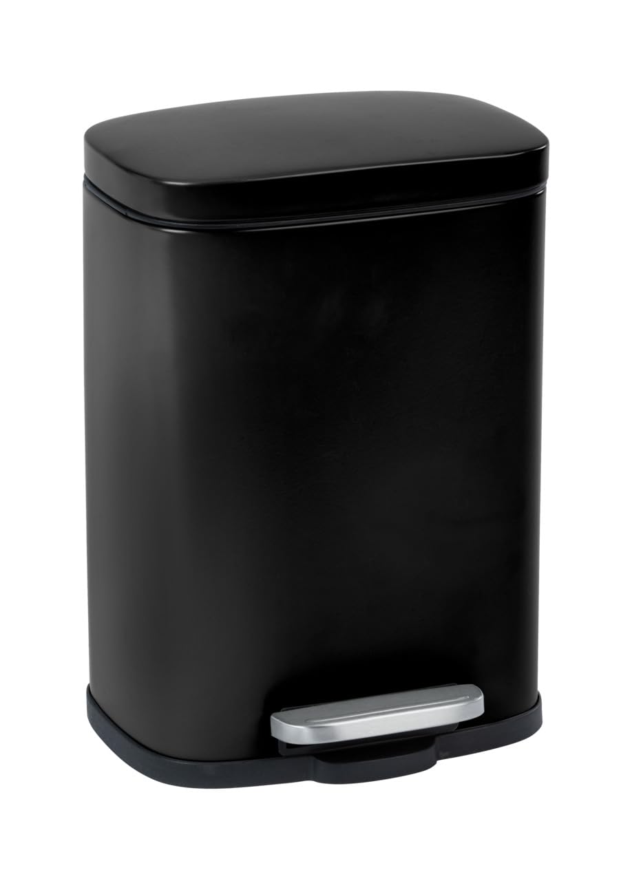 WENKO Leno Easy Close small bathroom bin, 5 liters, designer pedal bin with lid and soft-close brake as well as integrated bag holder, stainless steel, 21.5x19x29.5cm, taupe
