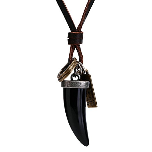 SonMo Chaîne réglable en cuir pour homme avec pendentif en forme de dent Noir Longueur 75,4 cm, Acier inoxydable