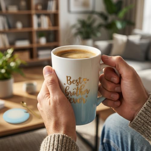 Image of ZAICUS Best Brother Ever Coffee Mug with Lid & Spoon, Gift for Brother | Suitable for Hot & Cold Beverages | Ceramic Mug | Elegant White & Blue Gradient Finish