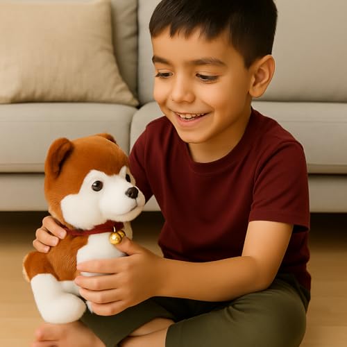 Image of Realistic Dog Plush Toy with Bell - 22cm Soft Stuffed Puppy for Kids | Cute Small Puppy Doll with Brown & White Fur for Boys & Girls