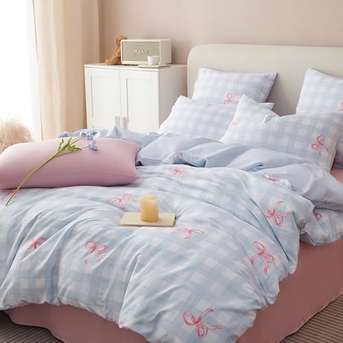 Image of Duvet Cover Queen Size Blue Plaid Pink Bowknot Reversible Comforter Cover 3 Piece Kids Girls Grid Bows Soft Lightweight Microfiber Bedding Set with Zipper Closure and 2 Pillowcases