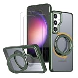 【強化フィルム2枚付き】HCXLYP Galaxy S23 ケース MagSafe対応 リング スタンド 多機能 360度回転 縦横両対応 ギャラクシー S23 カバー ワイヤレス充電対応 S23携帯ケース 米軍MIL規格 耐衝撃 N52マグネット 半透明 マット感 濃い緑色