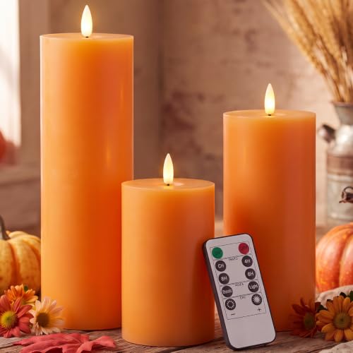 Image of Retisee 3 Pcs 6 /8 /12 Inches Orange Flameless LED Candles with Remote and 2 /4 /8h Timer Battery Operated Wax Flickering Candles for Fall Gatherings, Thanksgiving Harvest Pumpkin Seasonal Home Decor