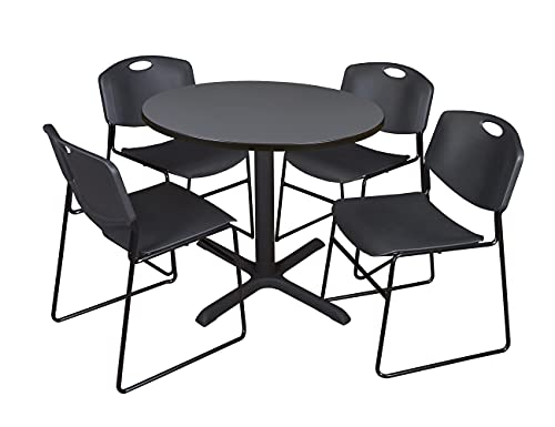 Regency Cain 42 in. Round X-Base Breakroom Table- Grey & 4 Zeng Stack Chairs- Black