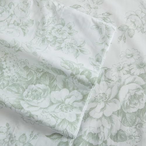 Image of Laura Ashley - Full Size Sheet Set, Crisp & Lightweight Cotton Percale Bedding with Fitted Sheet and Pillowcases, Floral Room Decor, Deep Pocket, College Dorm Room Essentials (Toile Delight Green)