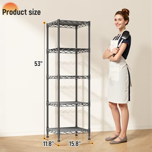 Image of DurayLoly 5-Tier Narrow Shelf for Small Spaces, 15.8 inch W Metal Shelving Unit, Adjustable Wire Rack, Freestanding Storage for Bathroom, Laundry, Kitchen Pantry, Black