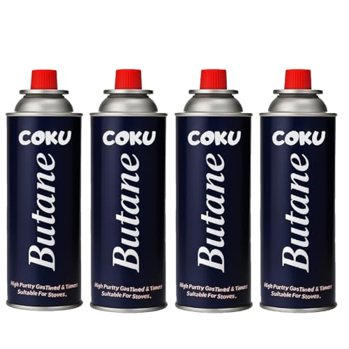 Image of Coku Butane Gas Refill Canisters 4 x 250g- Portable Butane Fuel for Camping Stove, Gas Burner, BBQ, Kitchen, Outdoor Cooking, Travel & Picnic - Compatible with Butane Gas Stove