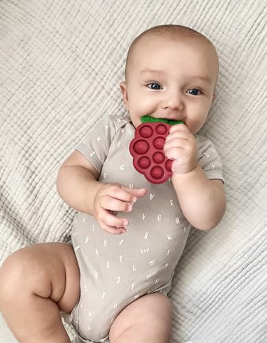 RaZbaby RaZberry Pop Teether for Babies 3 Months & Up - Natural Raspberry Shaped Designed with Soft BPA Free Silicone Poppers - Textured for Sensory Stimulation & Development