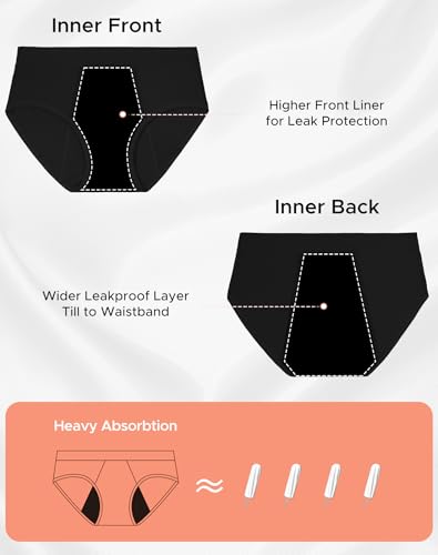 INNERSY Girls' Period Underwear for Teens Heavy Flow Panties Size 10-18 Hold 4 Tampons 3-Pack3