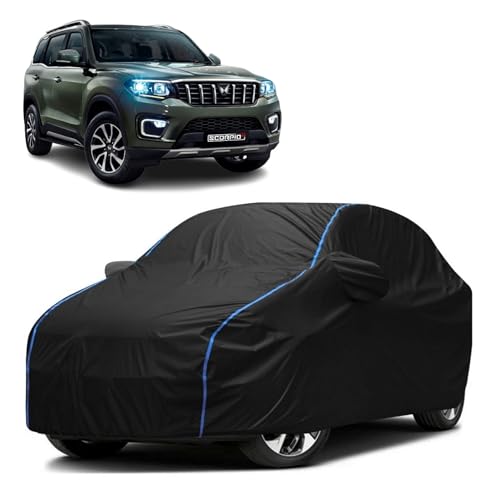 Image of Kerwa Car Body Cover Waterproof Compatible with Mahindra Scorpio N | Scratch Proof, Anti-Dust, UV Protection with Windproof Buckle Strap and Mirror Pockets, Bottom Elastic Fitted-Black